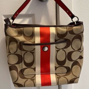 Coach Tan and Red Signature Stripe Shoulder Bag